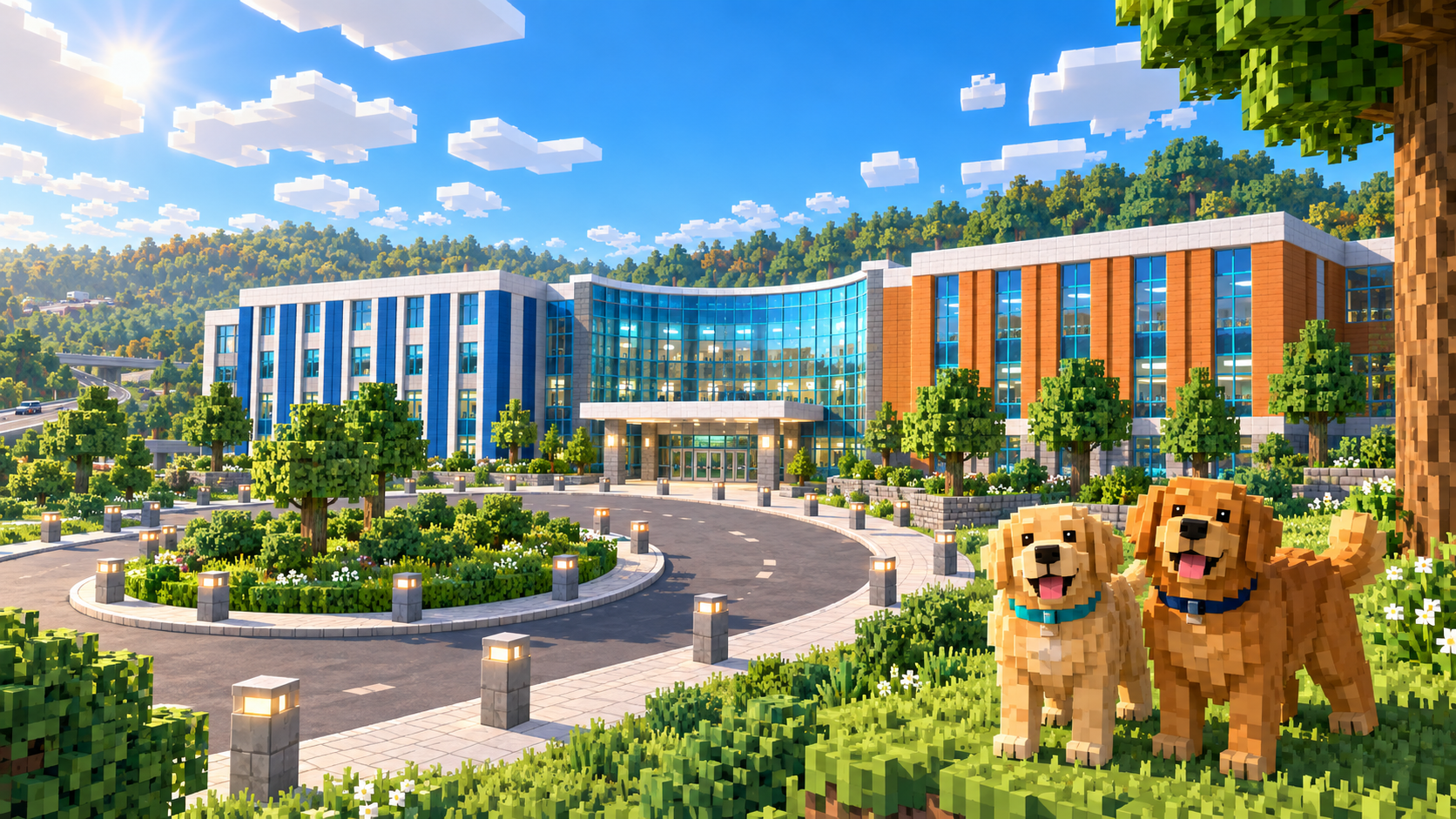Block-built EC campus with a glass entrance, a landscaped drive, and two golden retrievers