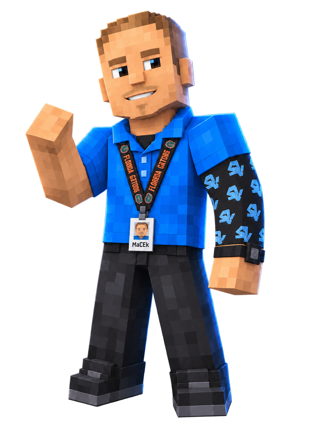 Block-style Mr. Macek with SV arm sleeve, Florida Gators lanyard and ID badge